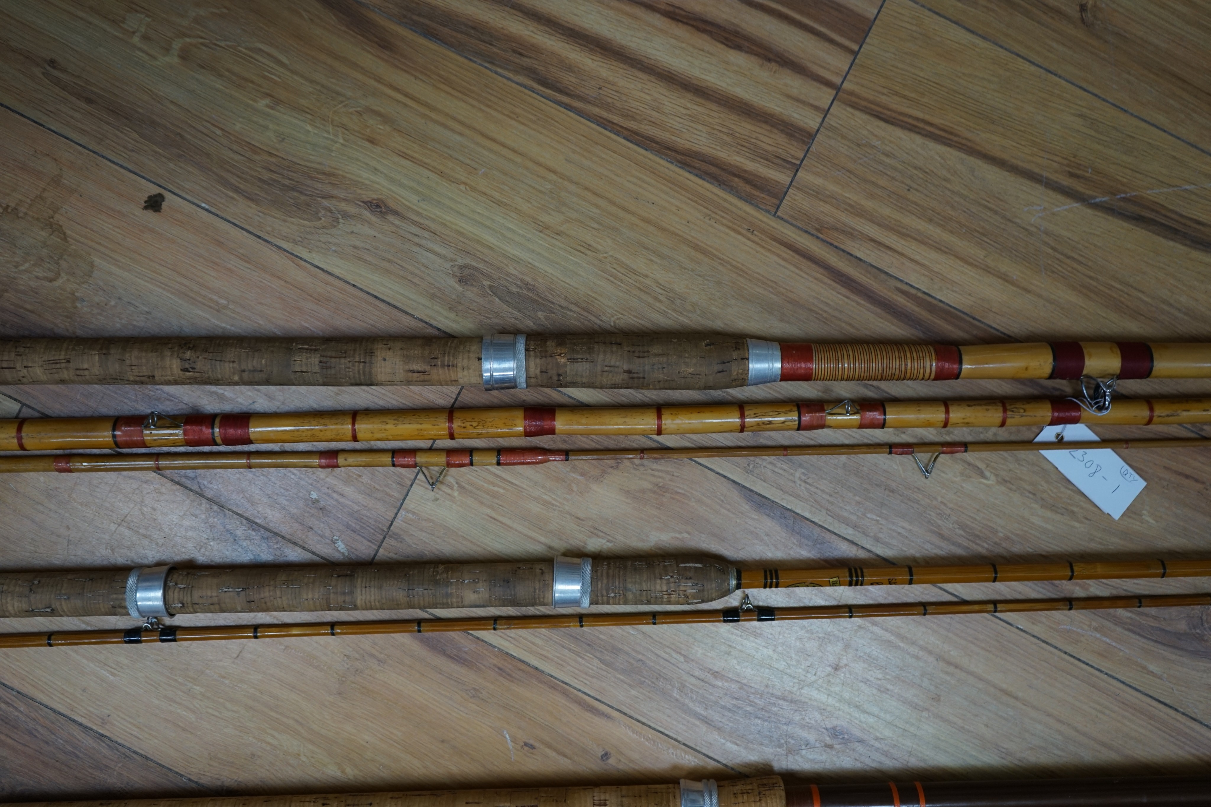 A collection of mixed split cane fishing rods, Les Compton, Elasticane, Carton-James and another (4)